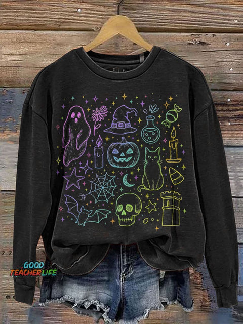 Halloween Neon Cute Boo Ghost Coquette Halloween Spooky Season Print Casual Sweatshirt