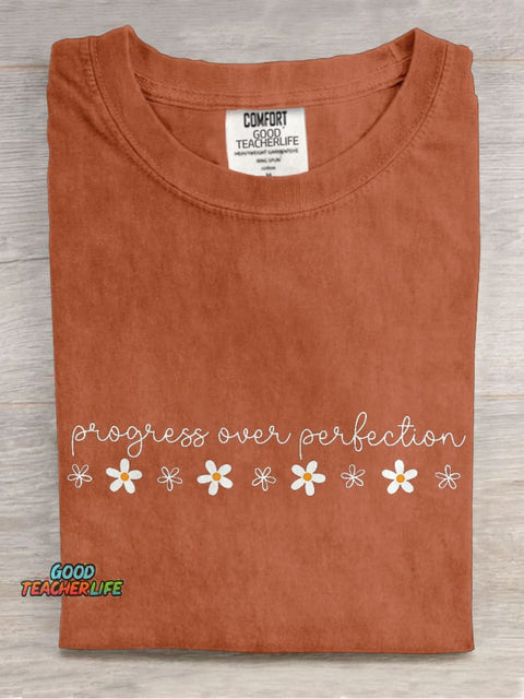 Progress Over Perfection Inspirational Teacher Casual Print T-shirt