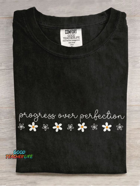 Progress Over Perfection Inspirational Teacher Casual Print T-shirt