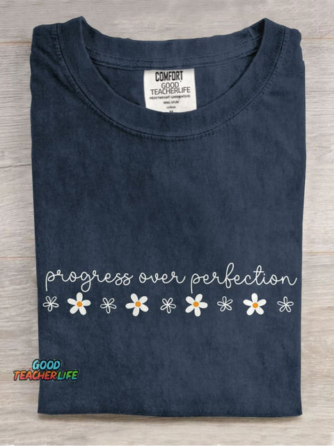 Progress Over Perfection Inspirational Teacher Casual Print T-shirt