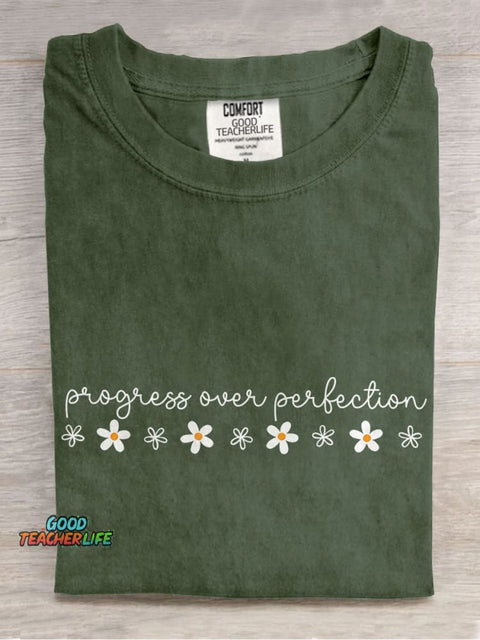 Progress Over Perfection Inspirational Teacher Casual Print T-shirt