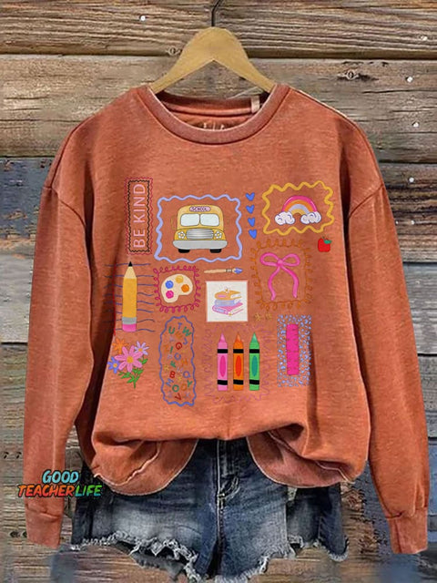 Trendy Teacher Colorful Doodle Back To School Preppy Coquette School Print Casual Sweatshirt