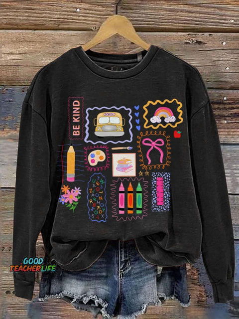 Trendy Teacher Colorful Doodle Back To School Preppy Coquette School Print Casual Sweatshirt