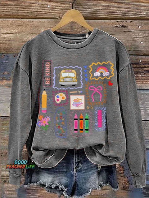 Trendy Teacher Colorful Doodle Back To School Preppy Coquette School Print Casual Sweatshirt