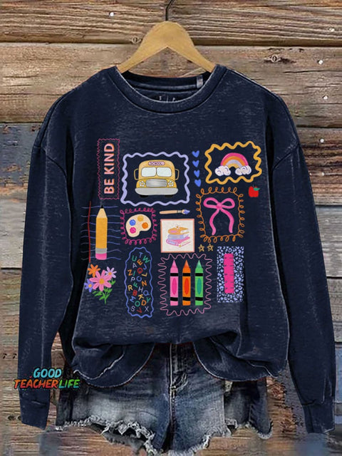 Trendy Teacher Colorful Doodle Back To School Preppy Coquette School Print Casual Sweatshirt