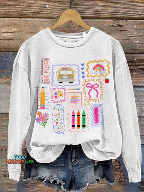 Trendy Teacher Colorful Doodle Back To School Preppy Coquette School Print Casual Sweatshirt
