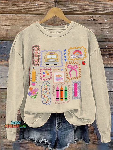 Trendy Teacher Colorful Doodle Back To School Preppy Coquette School Print Casual Sweatshirt