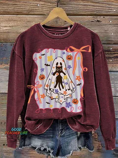 Cat Halloween Ghost Preppy Halloween Spooky Floral Coquette Spooky Print Casual Sweatshirt