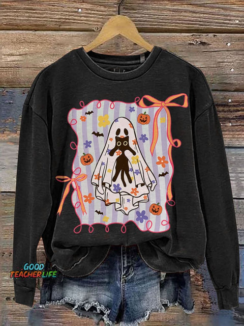 Cat Halloween Ghost Preppy Halloween Spooky Floral Coquette Spooky Print Casual Sweatshirt