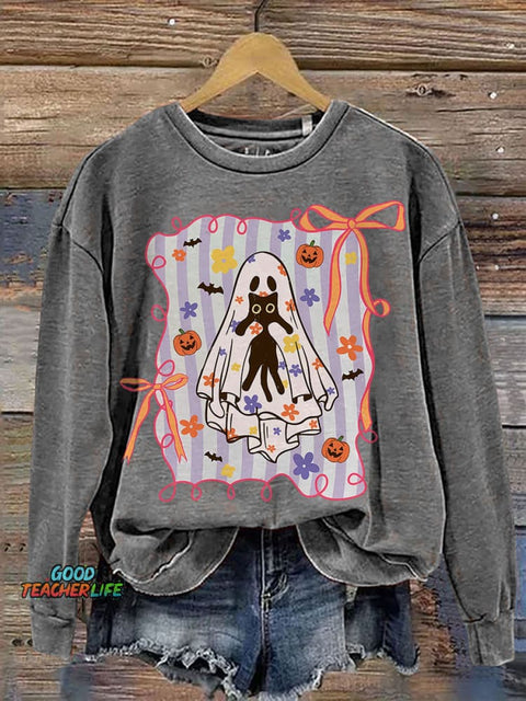 Cat Halloween Ghost Preppy Halloween Spooky Floral Coquette Spooky Print Casual Sweatshirt