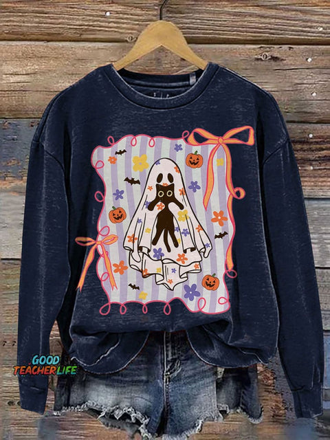 Cat Halloween Ghost Preppy Halloween Spooky Floral Coquette Spooky Print Casual Sweatshirt