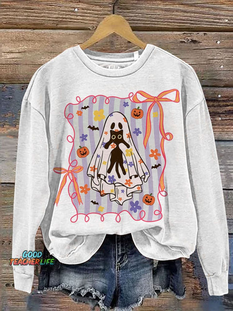 Cat Halloween Ghost Preppy Halloween Spooky Floral Coquette Spooky Print Casual Sweatshirt