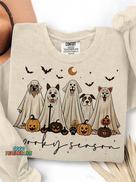 Retro Ghost Dog Spooky Season Halloween Print Casual Sweatshirt