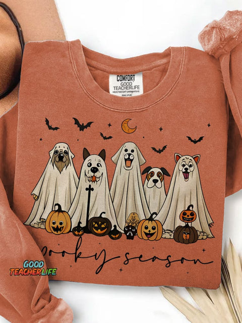Retro Ghost Dog Spooky Season Halloween Print Casual Sweatshirt