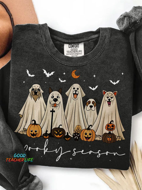 Retro Ghost Dog Spooky Season Halloween Print Casual Sweatshirt