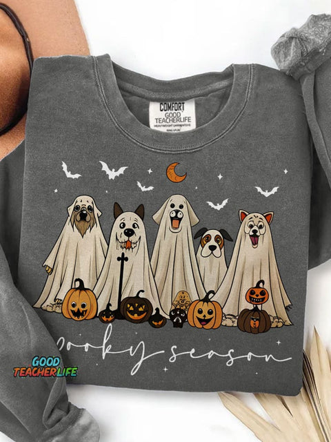 Retro Ghost Dog Spooky Season Halloween Print Casual Sweatshirt