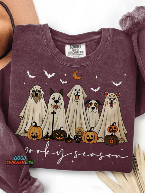Retro Ghost Dog Spooky Season Halloween Print Casual Sweatshirt