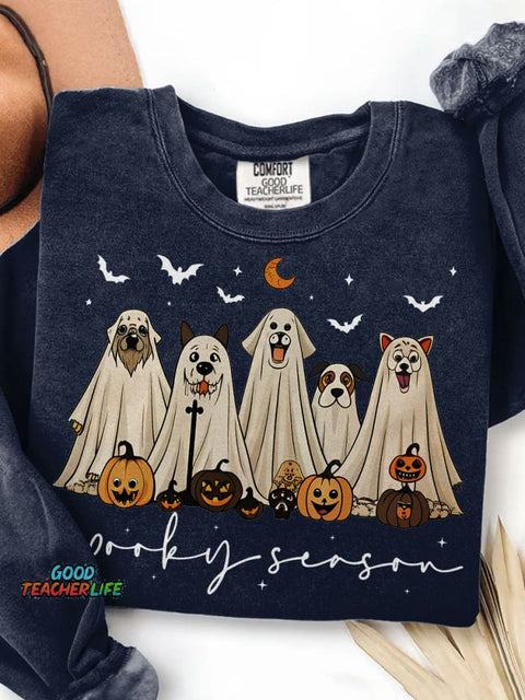 Retro Ghost Dog Spooky Season Halloween Print Casual Sweatshirt