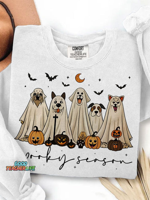 Retro Ghost Dog Spooky Season Halloween Print Casual Sweatshirt