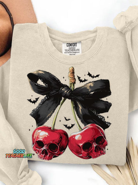 Spooky Cherry Halloween Bow Print Casual Sweatshirt