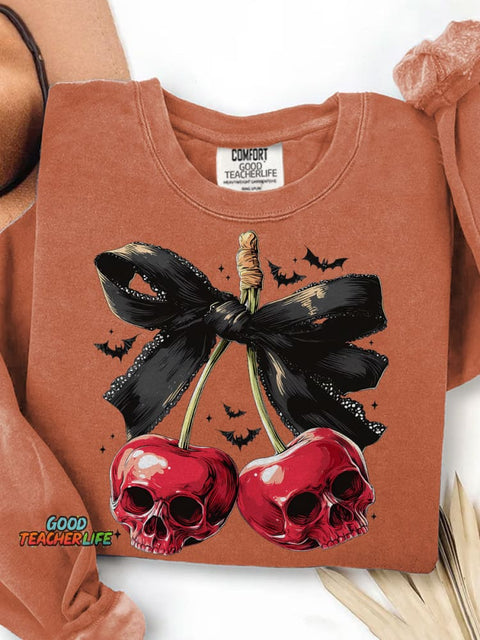 Spooky Cherry Halloween Bow Print Casual Sweatshirt