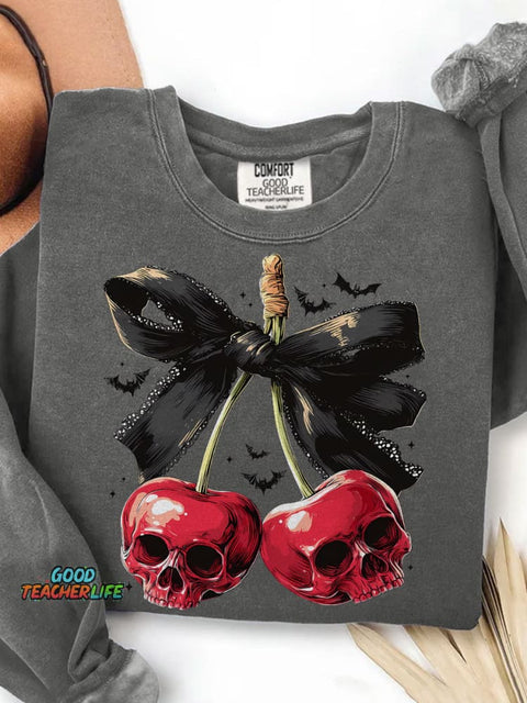 Spooky Cherry Halloween Bow Print Casual Sweatshirt