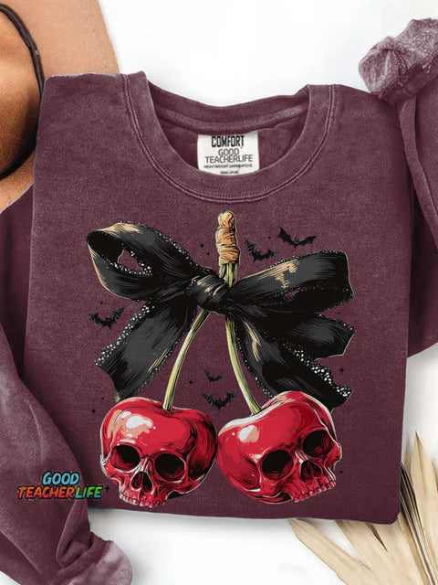 Spooky Cherry Halloween Bow Print Casual Sweatshirt