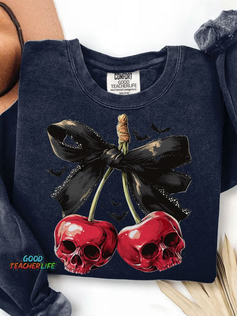 Spooky Cherry Halloween Bow Print Casual Sweatshirt