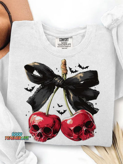 Spooky Cherry Halloween Bow Print Casual Sweatshirt