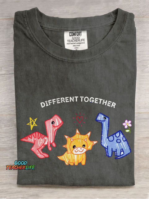 Different Together Dinosaur Inclusion Autism Awareness Special Education Casual Print T-shirt