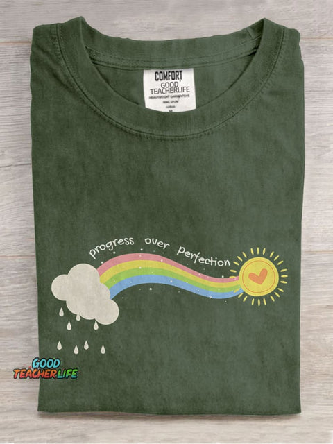 Progress Over Perfection Special Education Teacher Neurodiversity Mental Health Casual Print T-shirt