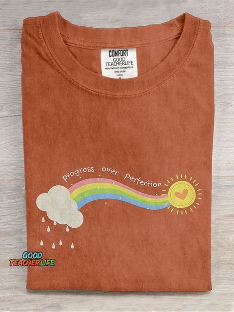 Progress Over Perfection Special Education Teacher Neurodiversity Mental Health Casual Print T-shirt