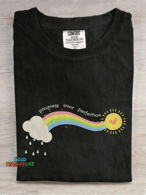 Progress Over Perfection Special Education Teacher Neurodiversity Mental Health Casual Print T-shirt