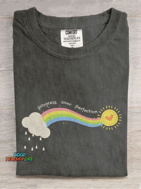 Progress Over Perfection Special Education Teacher Neurodiversity Mental Health Casual Print T-shirt