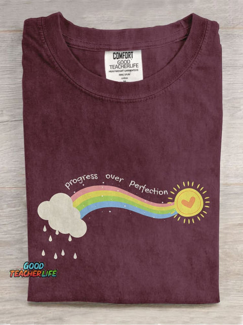 Progress Over Perfection Special Education Teacher Neurodiversity Mental Health Casual Print T-shirt