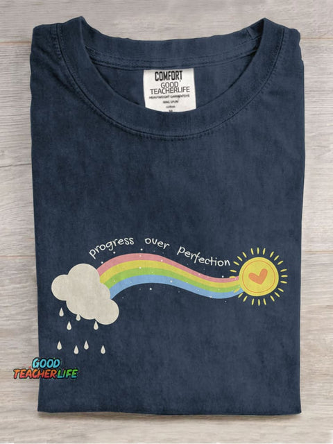Progress Over Perfection Special Education Teacher Neurodiversity Mental Health Casual Print T-shirt