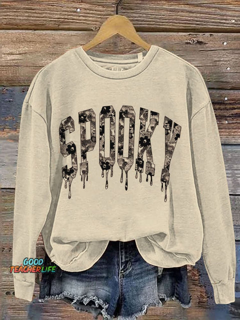Halloween Lace Spooky Print Casual Sweatshirt