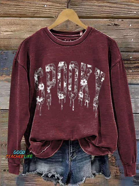 Halloween Lace Spooky Print Casual Sweatshirt