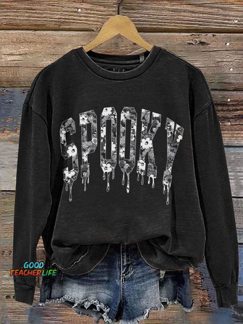 Halloween Lace Spooky Print Casual Sweatshirt
