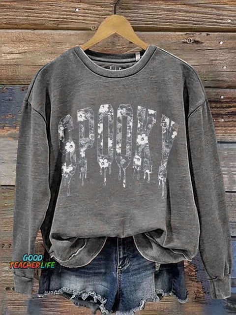 Halloween Lace Spooky Print Casual Sweatshirt