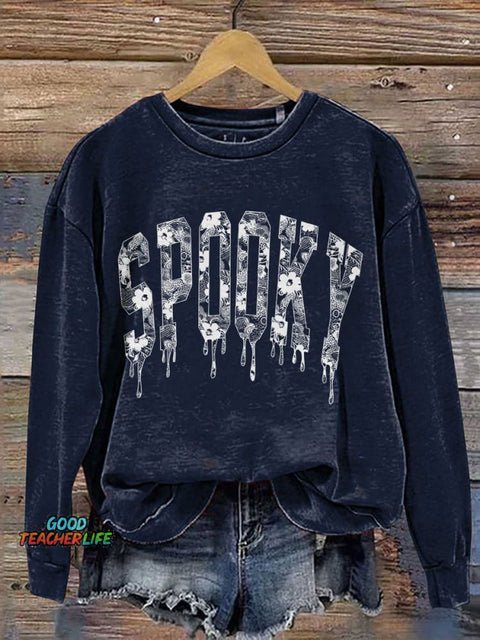 Halloween Lace Spooky Print Casual Sweatshirt