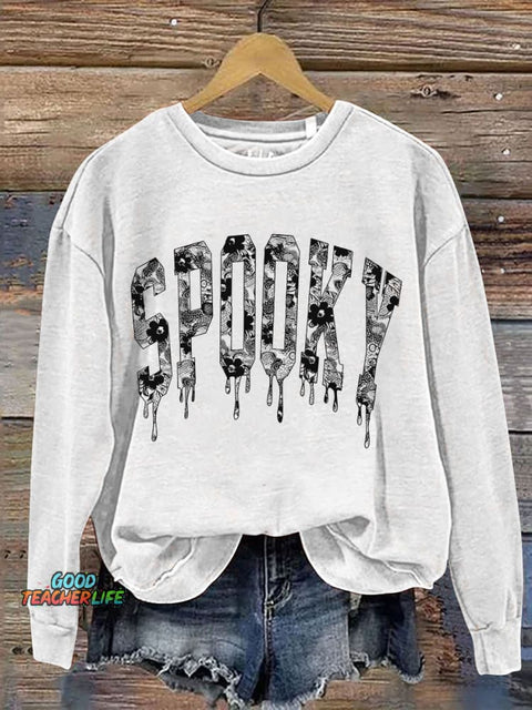Halloween Lace Spooky Print Casual Sweatshirt
