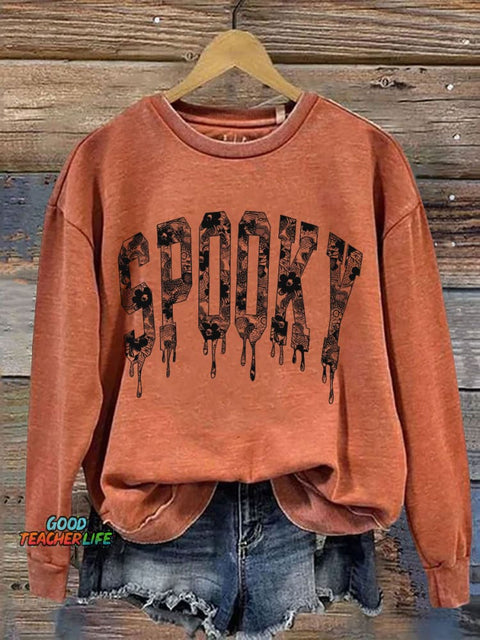 Halloween Lace Spooky Print Casual Sweatshirt