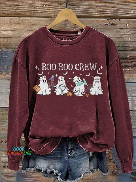 Halloween Boo Boo Crew Ghost Nurse Print Casual Sweatshirt