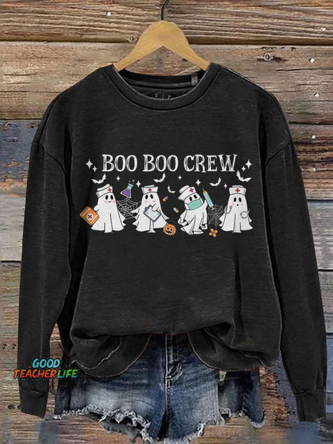 Halloween Boo Boo Crew Ghost Nurse Print Casual Sweatshirt