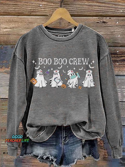 Halloween Boo Boo Crew Ghost Nurse Print Casual Sweatshirt