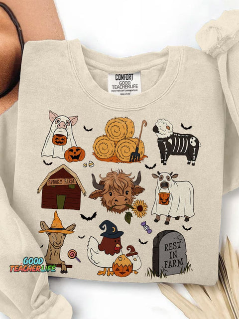 Highland Cow Halloween Print Casual Sweatshirt