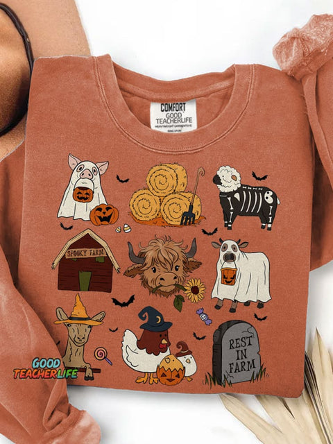 Highland Cow Halloween Print Casual Sweatshirt