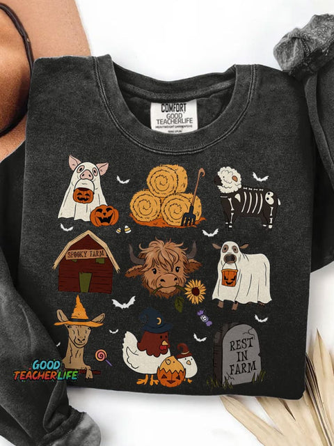 Highland Cow Halloween Print Casual Sweatshirt