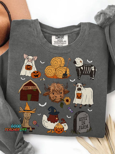Highland Cow Halloween Print Casual Sweatshirt
